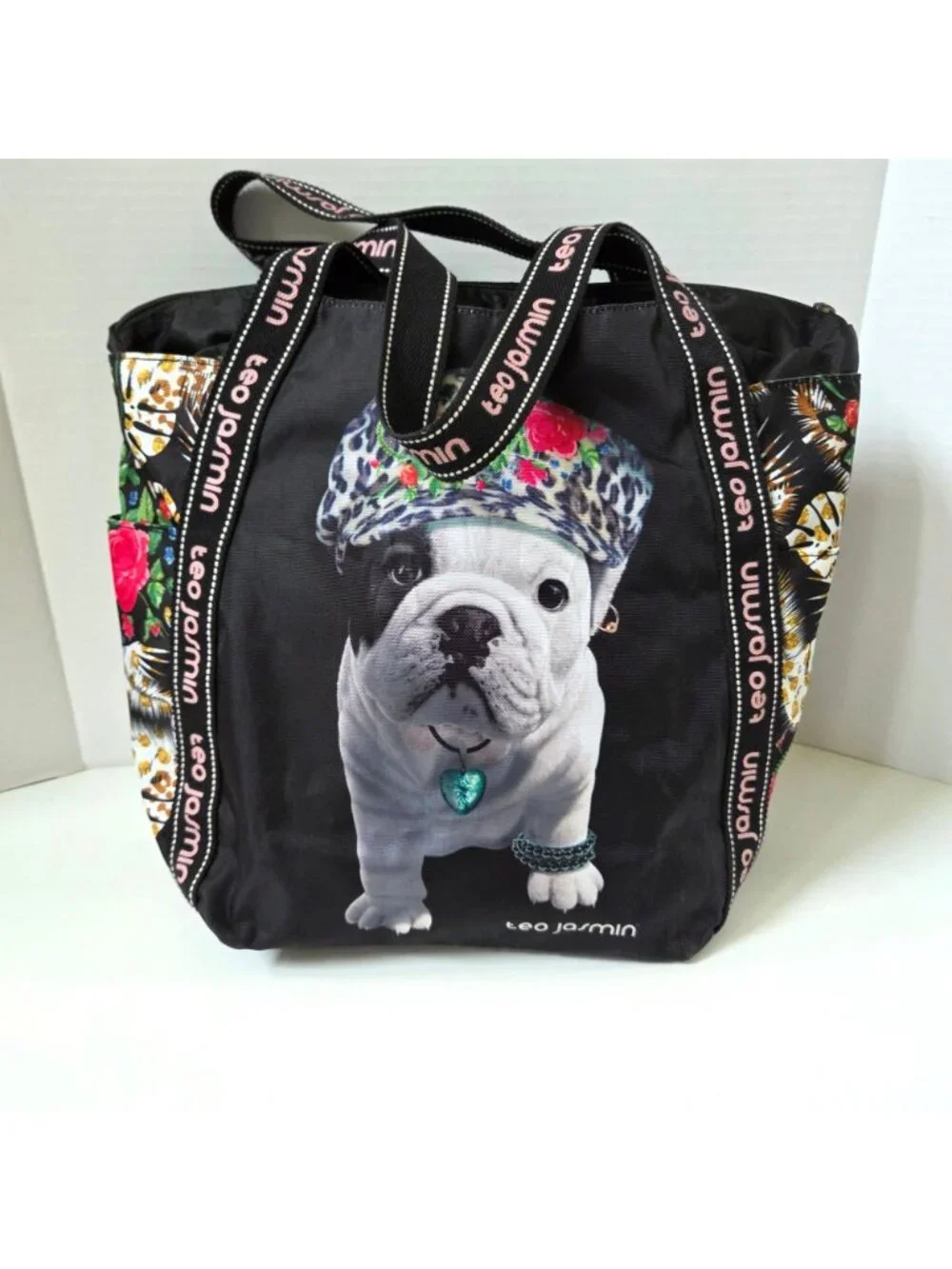 Teo Jasmin Tote Black French Bull Dog Whimsical Artsy Lightweight Zip Top Travel